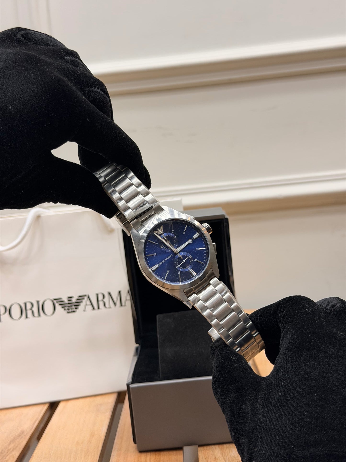 Emporio Armani Claudio Silver Stainless Steel Blue Dial Chronograph Quartz Watch for Gents - AR11541