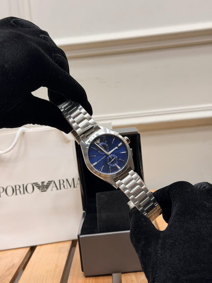 Emporio Armani Claudio Silver Stainless Steel Blue Dial Chronograph Quartz Watch for Gents - AR11541